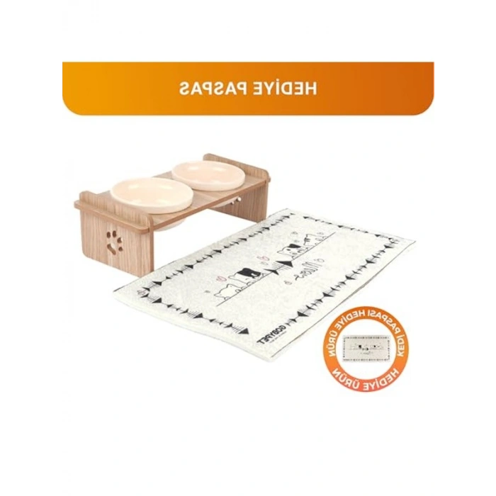 Ahşap Standlı Çift Kaseli Mama Kabı, Beyaz Seramik Kase