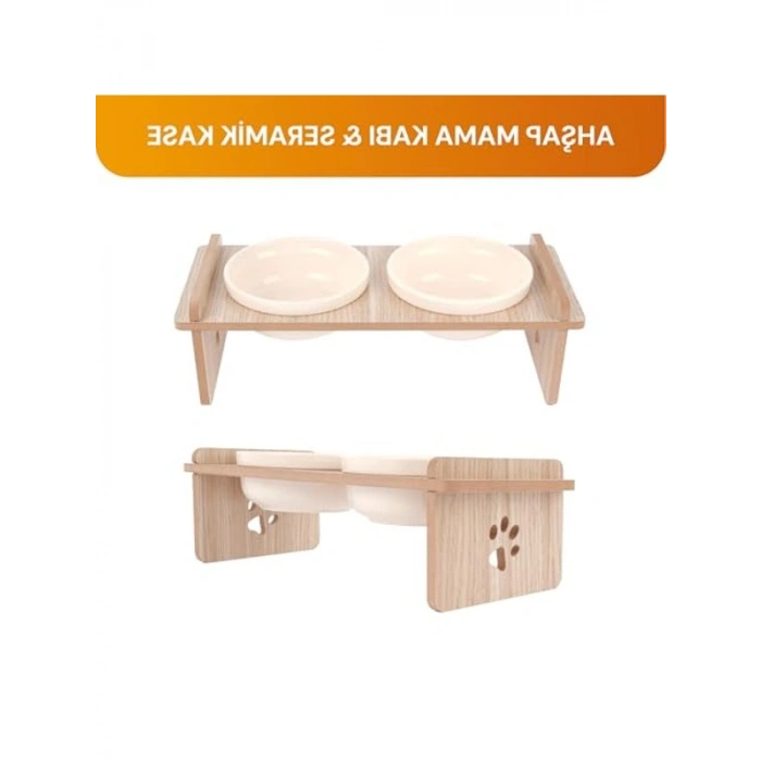 Ahşap Standlı Çift Kaseli Mama Kabı, Beyaz Seramik Kase
