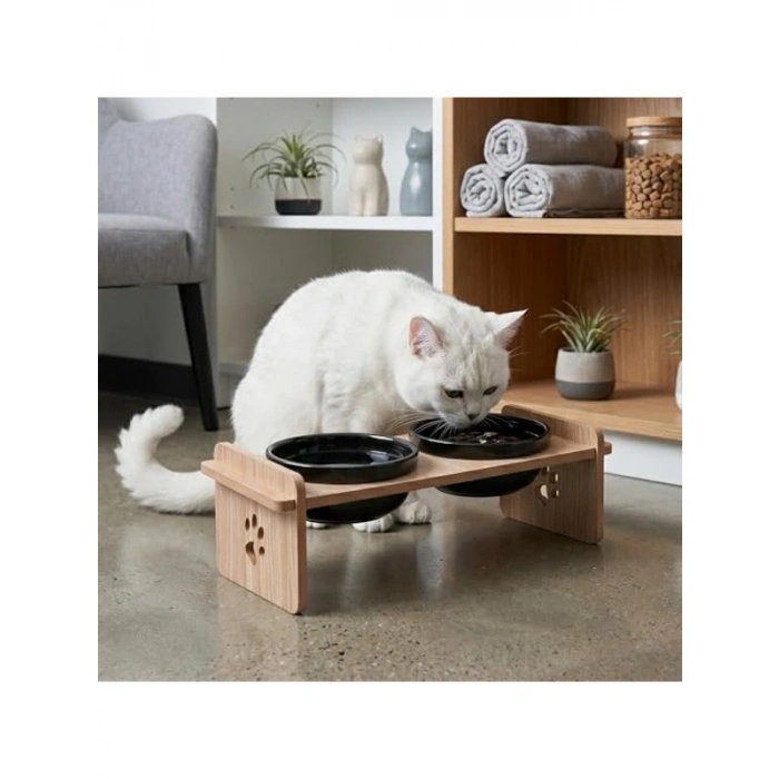 Ahşap Standlı Çift Kaseli Mama Kabı, Kedi ve Küçük Köpekler İçin