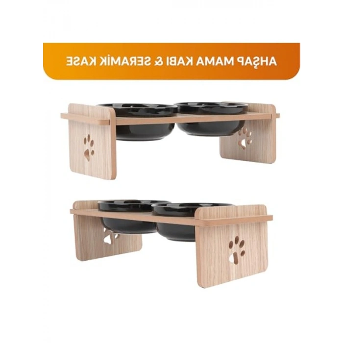 Ahşap Standlı Çift Kaseli Mama Kabı, Kedi ve Küçük Köpekler İçin