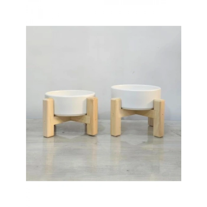 Ahşap Standlı Çift Taraflı Seramik Mama ve Su Kabı