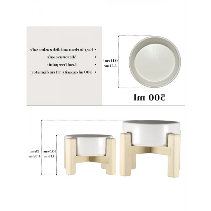 Ahşap Standlı Çift Taraflı Seramik Mama ve Su Kabı