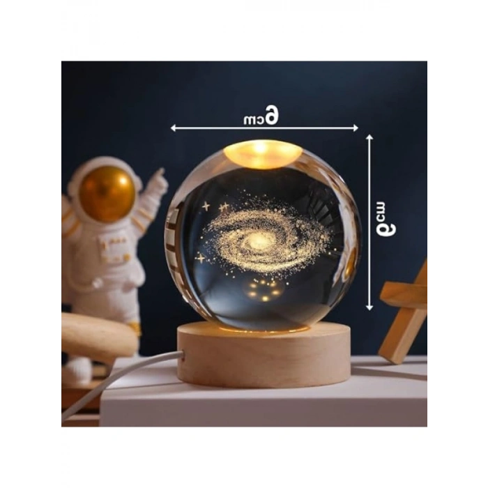 Ahşap Standlı Işıklı Cam Küre - Ay Motifli Masa Lambası