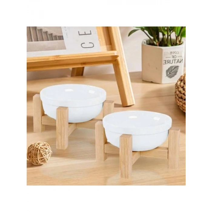 Ahşap Standlı Seramik Kedi Mama ve Su Kabı Seti