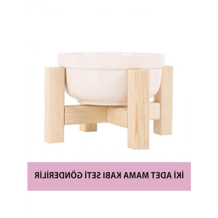 Ahşap Standlı Seramik Kedi Mama ve Su Kabı Seti