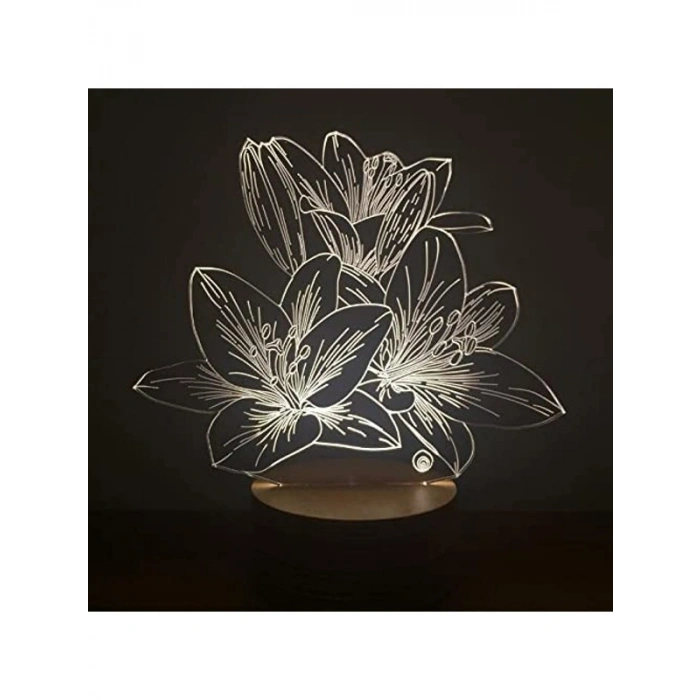 Ahşap Tabanlı 3 Boyutlu Lilyum Çiçeği Led Lamba
