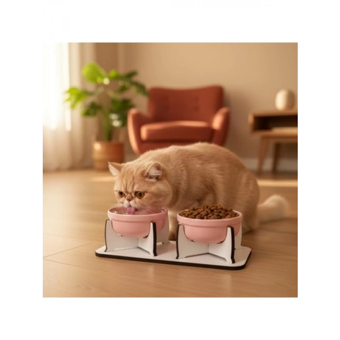 Ahşap Tabanlı Kaymaz Mama ve Su Kabı Seti (2li, Pembe Seramik)