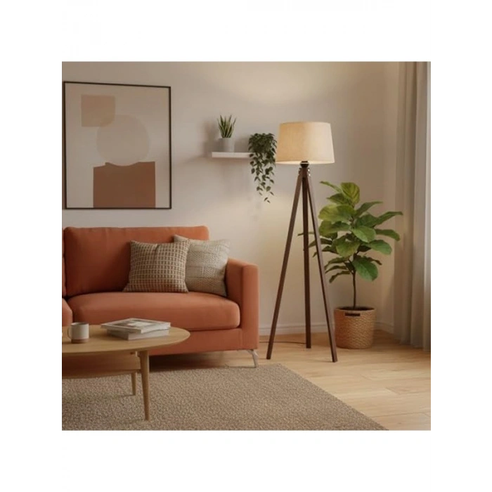 Ahşap Tripod Lambader, Konik Kumaş Başlık, Hardal Renk