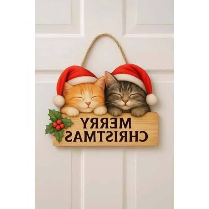 Ahşap Yılbaşı Kapı Süsü, Sevimli Kedili Tasarım (30x18 cm)