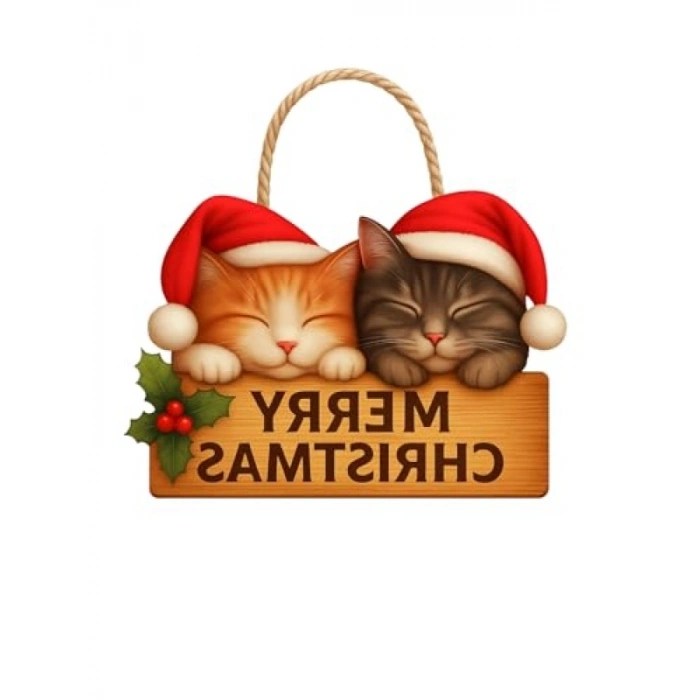 Ahşap Yılbaşı Kapı Süsü, Sevimli Kedili Tasarım (30x18 cm)