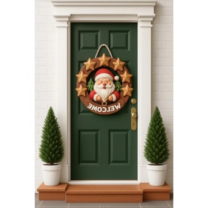 Ahşap Yuvarlak Yıldızlı Noel Kapı Süsü (23 cm)