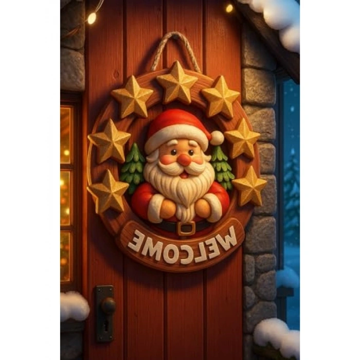 Ahşap Yuvarlak Yıldızlı Noel Kapı Süsü (23 cm)