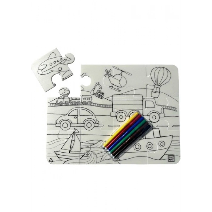 Akademi Çocuk Funny Mat - Washable Puzzle: Taşıtlar- Birleştir Boya! (12 Parça Puzzle + 6 Adet Kalem Hediye)
