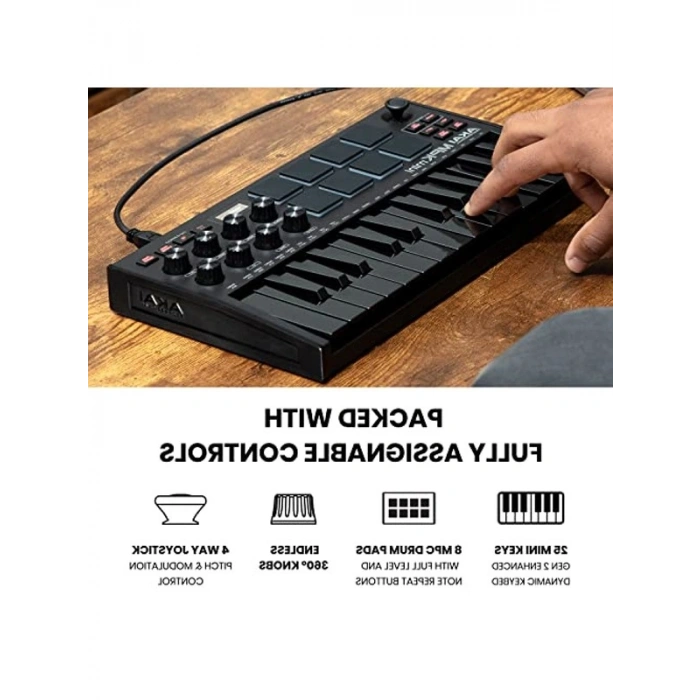 Akai Professional MPK Mini MK3 USB MIDI Klavye Controller, 25 Mini Tuş, Arkadan Aydınlatmalı 8 Bateri Pedi, 8 Düğme ve Müzik Prodüksiyon Yazılımı Dahil, Siyah