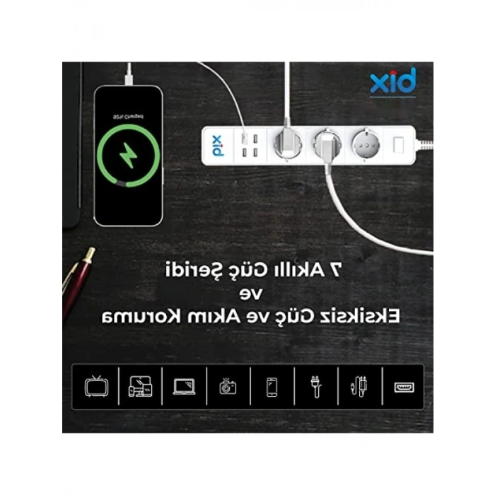 Akıllı 4 USB Bağlantılı 3lü Priz, Uzaktan Kontrol Özellikli