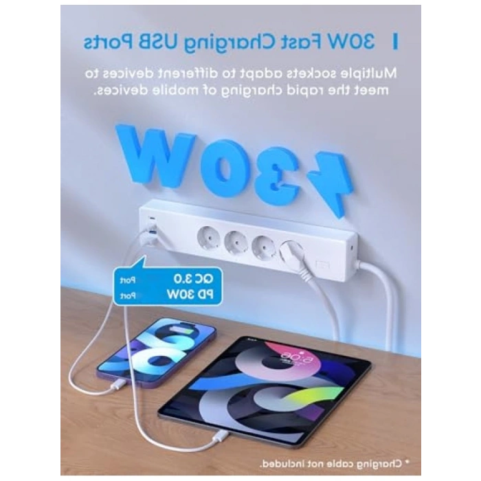 Akıllı Çoklu Priz, 4 Güç + 2 USB + 2 Type-C