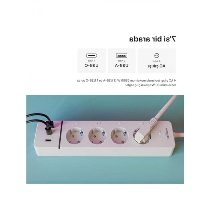 Akıllı Çoklu Priz - 7in1 Wi-Fi Uyumluluğu ile