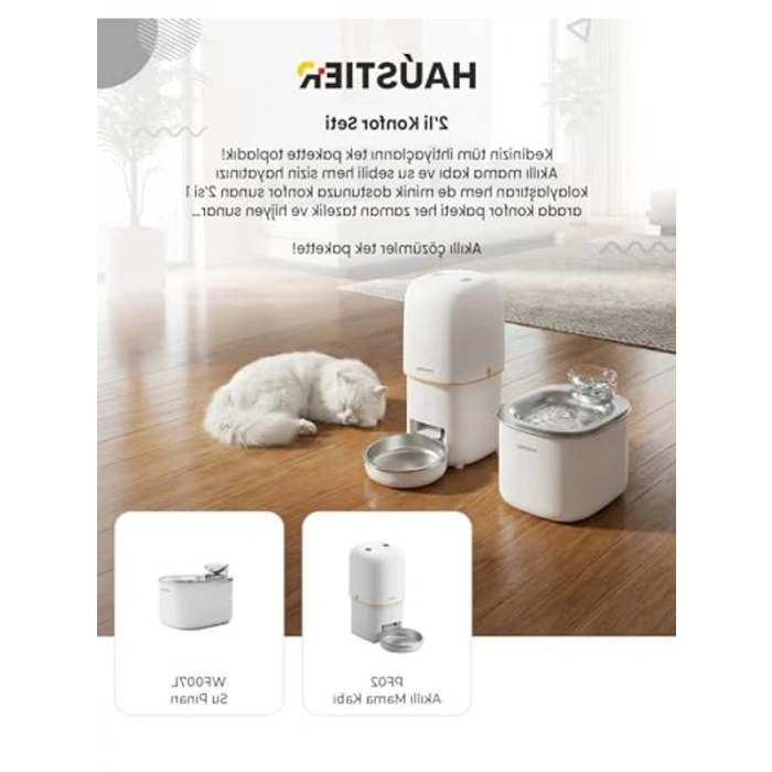Akıllı Kedi Mama Kabı ve Su Sebili, İkili Set, Beyaz Renk