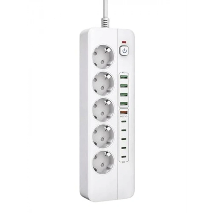 Akım Korumalı 5li Priz, 5x USB-A ve 5x Type-C, 2 Metre Kablo Uzunluğu