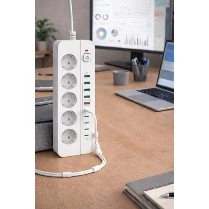 Akım Korumalı 5li Priz, 5x USB-A ve 5x Type-C, 2 Metre Kablo Uzunluğu