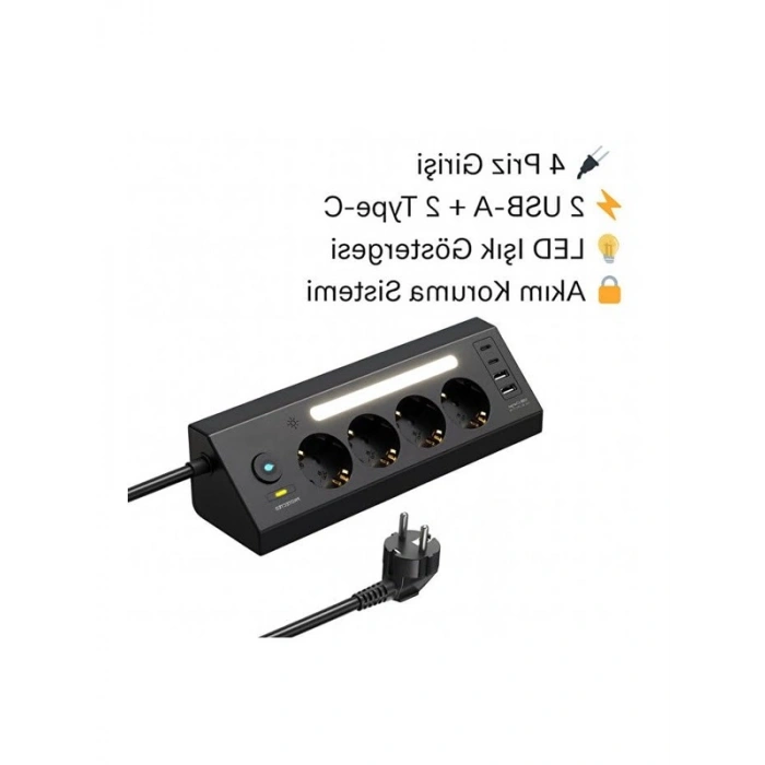 Akım Korumalı Çoklu Priz, 4 Priz ve 2 USB Girişi ile