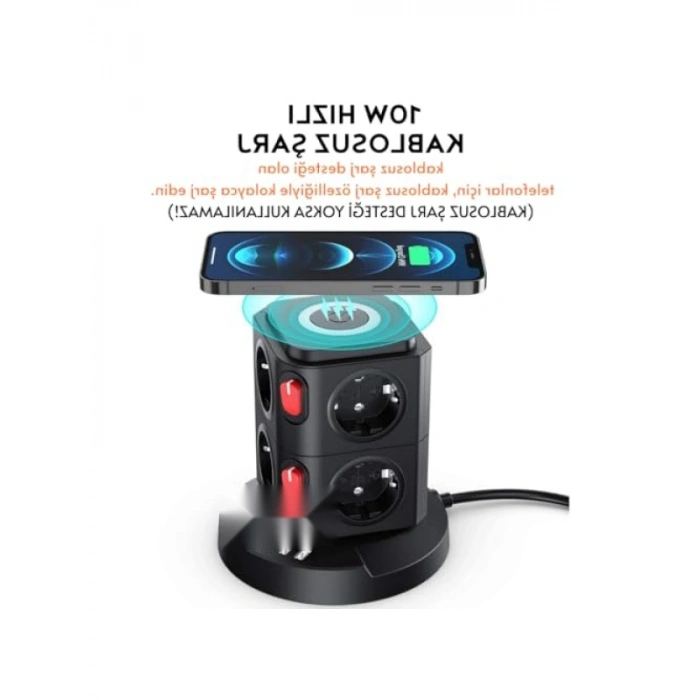 Akım Korumalı Kule Tipi Priz İstasyonu - 8 Priz, 2 Type-C, 1 USB Girişi