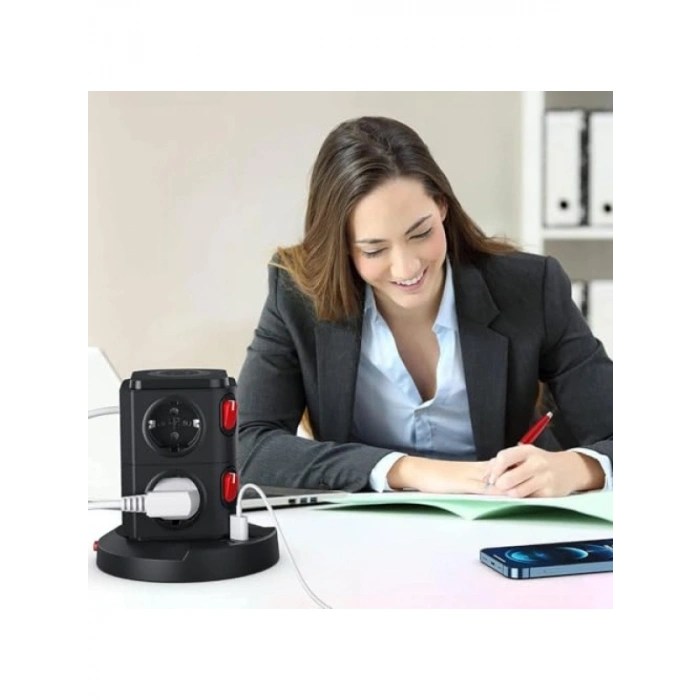 Akım Korumalı Kule Tipi Priz İstasyonu - 8 Priz, 2 Type-C, 1 USB Girişi