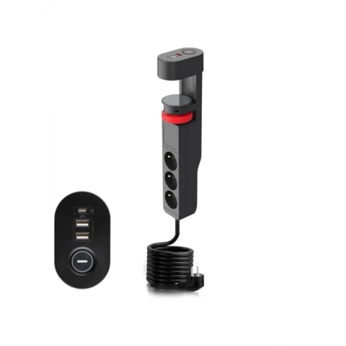 Akım Korumalı Masa Kenarı Priz - 3 Priz + 2 USB + 1 Type C