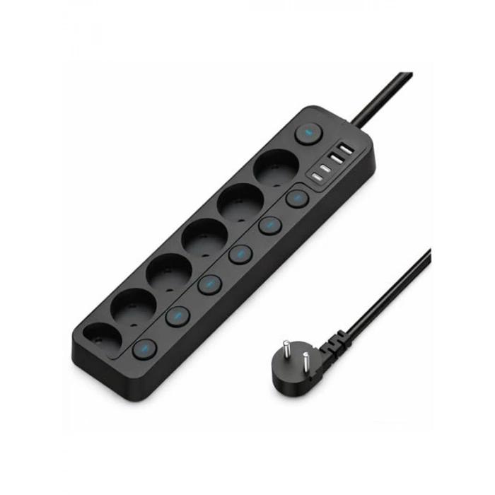 Akım Korumalı Priz, 16A 3680W, 2 USB ve Type-C Girişli