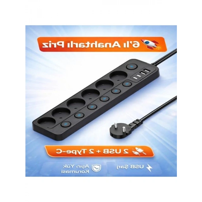 Akım Korumalı Priz, 16A 3680W, 2 USB ve Type-C Girişli