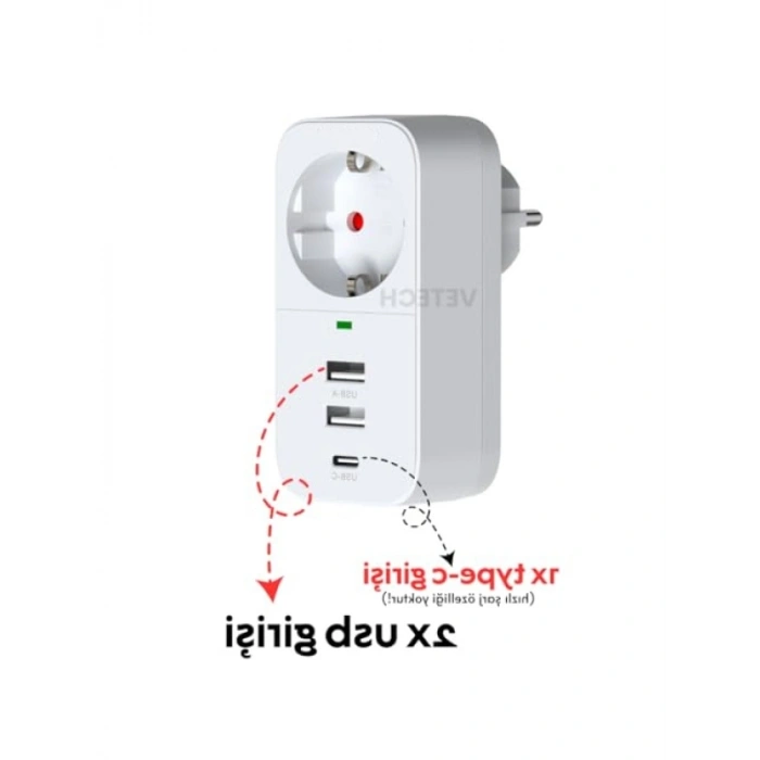 Akım Korumalı USB ve TYPE-C Girişli Priz