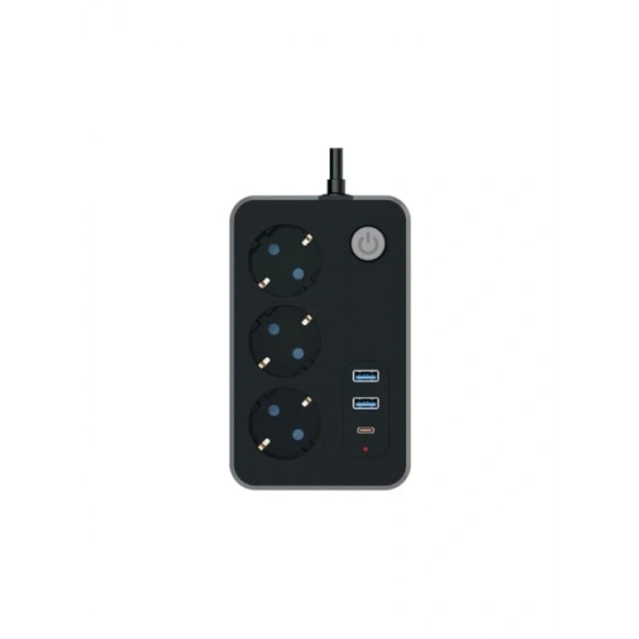 Akım Korumalı Uzatma Kablosu - 3 Priz, 2 USB, 1 Type-C