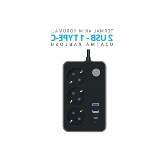 Akım Korumalı Uzatma Kablosu - 3 Priz, 2 USB, 1 Type-C