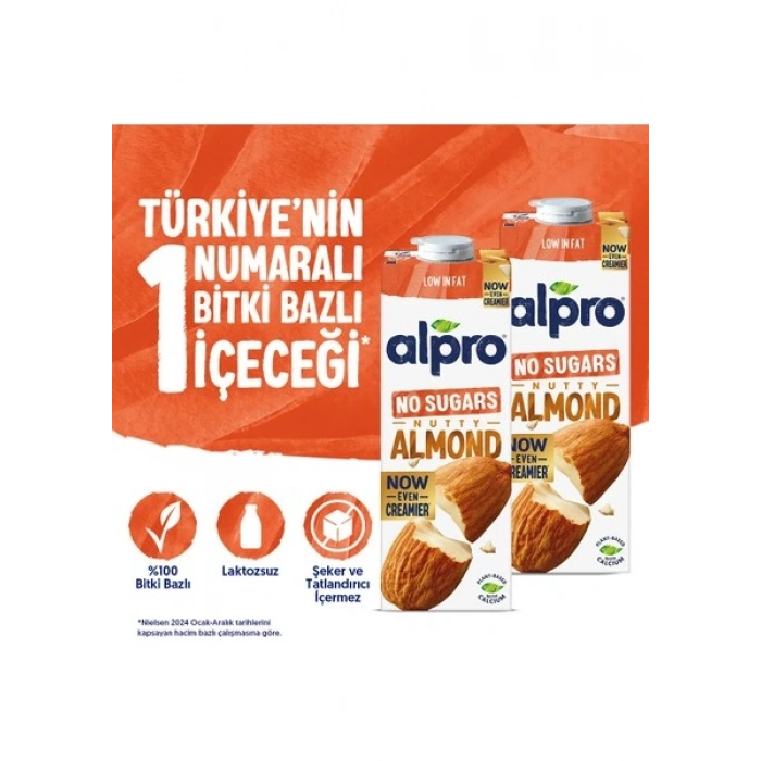 Alpro Şekersiz Badem Sütü 2x1 L Vegan Laktozsuz Bitkisel Bazlı