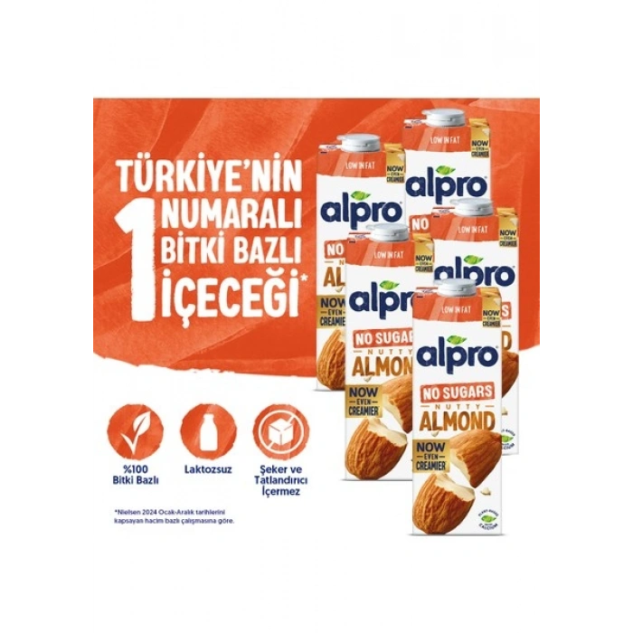 Alpro Şekersiz Badem Sütü 5x1 L Vegan Laktozsuz Bitkisel Bazlı