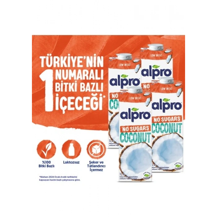 Alpro Şekersiz Hindistan Cevizi Sütü 4x1 L Vegan Laktozsuz Bitkisel Bazlı