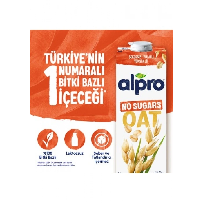 Alpro Şekersiz Yulaf Sütü 1 L Vegan Laktozsuz Bitkisel Bazlı