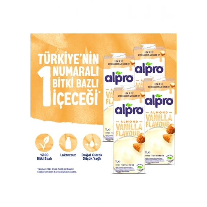 Alpro Vanilyalı Badem Sütü 4x1 L Vegan Laktozsuz Bitkisel Bazlı