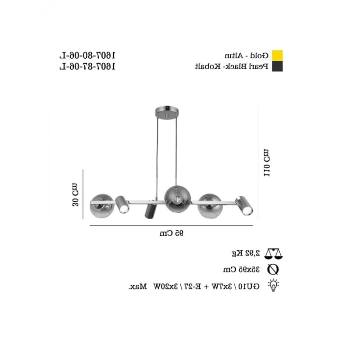Altın Renkli 3xGU10 ve 3xE27 Duylu Sıralı Avize