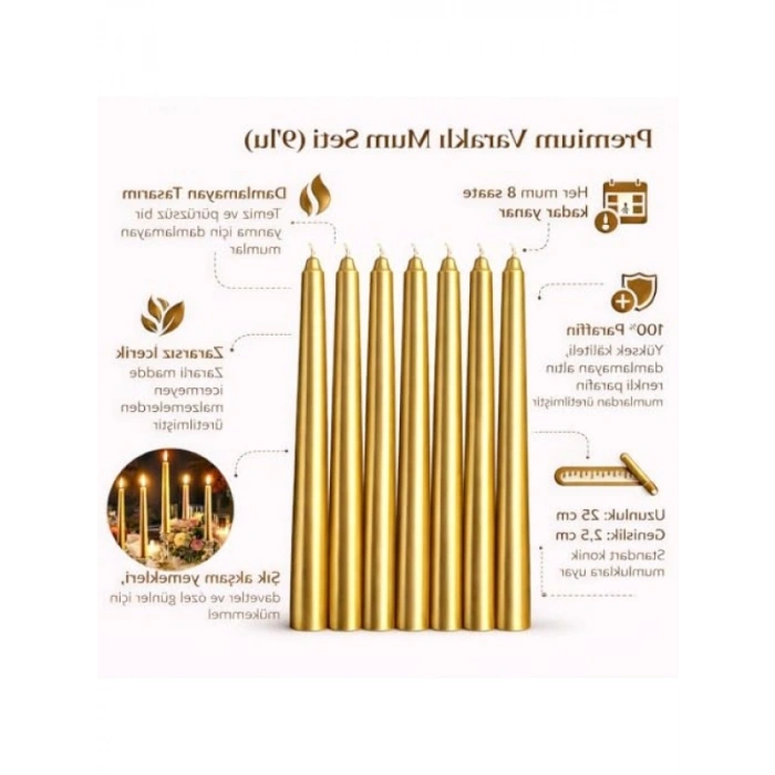 Altın Renkli Dekoratif Taper Mum Seti - 10 Adet