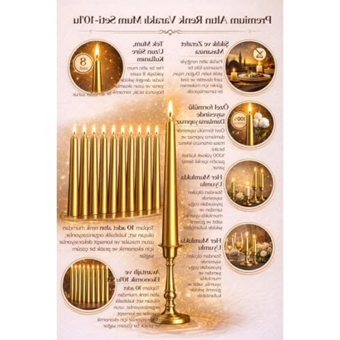Altın Renkli Dekoratif Taper Mum Seti - 10 Adet