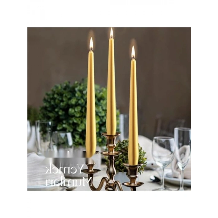 Altın Renkli Konik Şamdan Yemek Mumu (12 Adet)