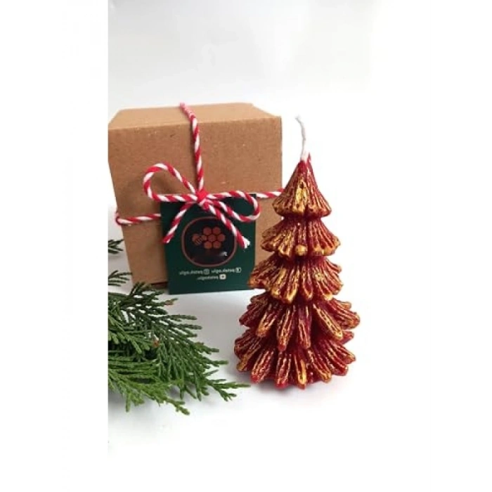 Altın Simli Kırmızı Balmumu Çam Ağacı Mum - 8.5 Cm