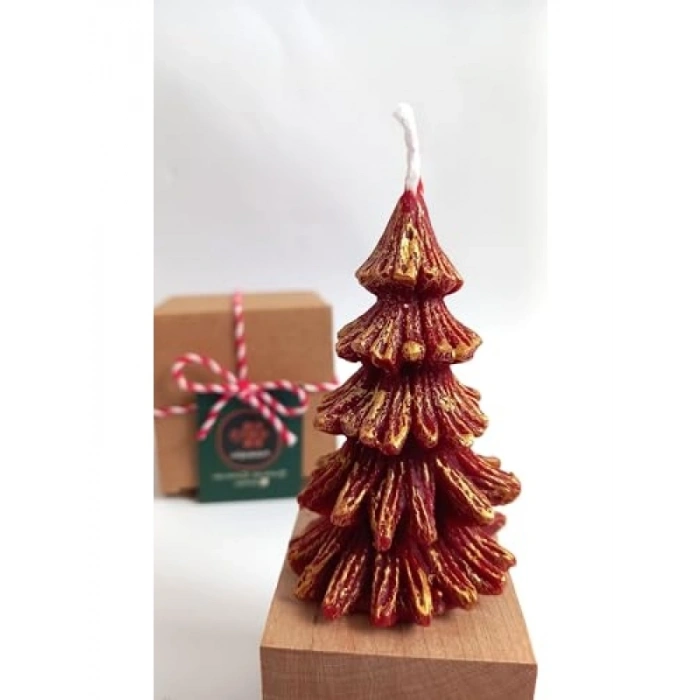 Altın Simli Kırmızı Balmumu Çam Ağacı Mum - 8.5 Cm