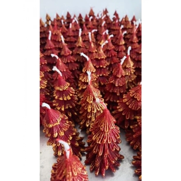 Altın Simli Kırmızı Balmumu Çam Ağacı Mum - 8.5 Cm