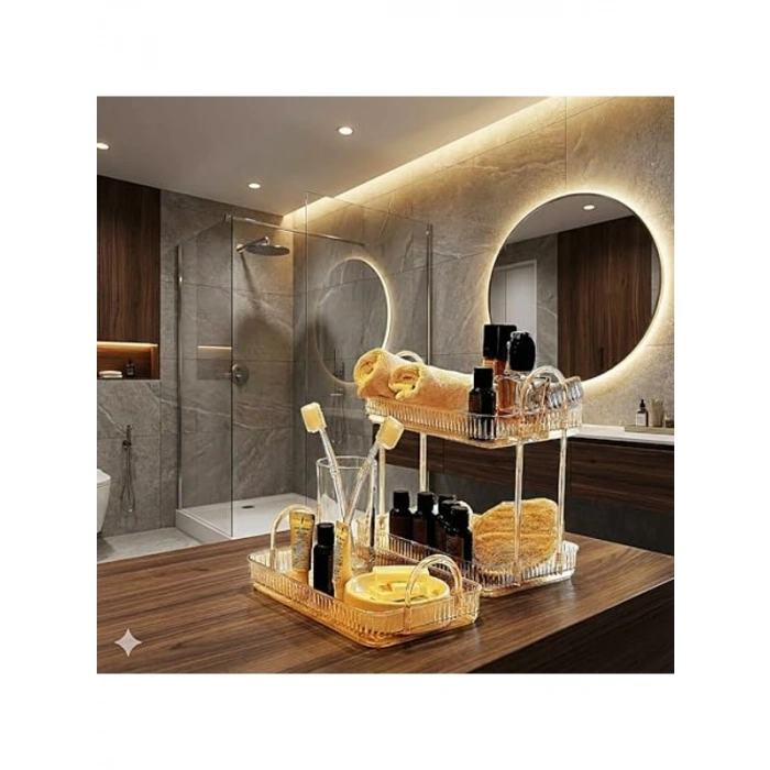 Amber Sarı Renkli Banyo Düzenleyici Raf, İki Katlı