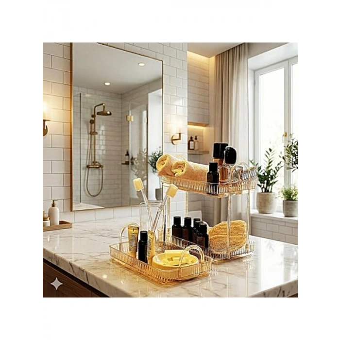 Amber Sarı Renkli Banyo Düzenleyici Raf, İki Katlı
