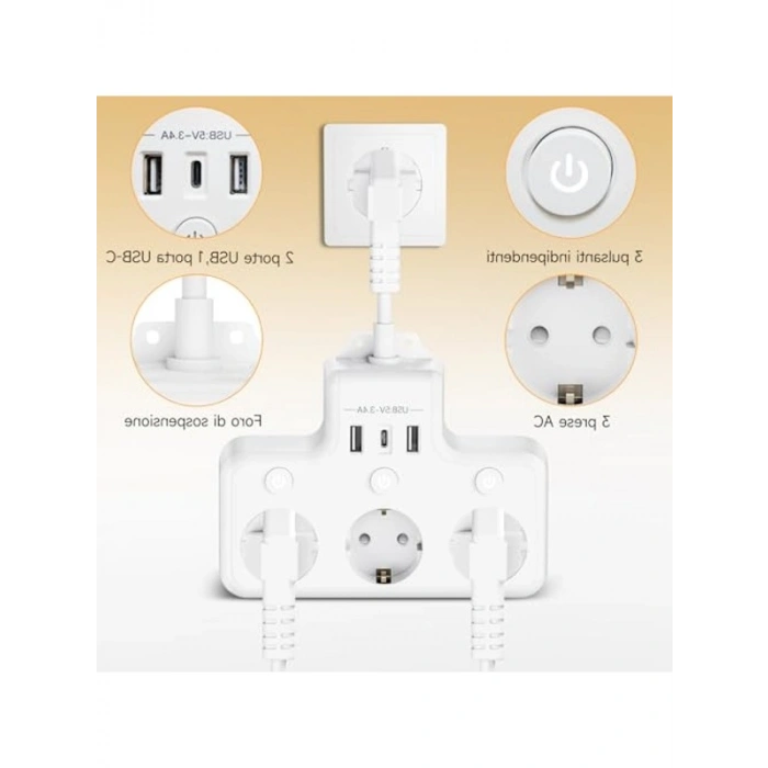 Anahtarlı Çoklu Priz, 3 USB Girişi ile Yer Tasarrufu Sağlar
