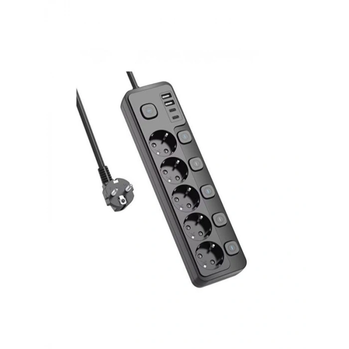 Anahtarlı Uzatma Kablosu, 5 Priz + 4 USB ile Enerji Tasarruflu