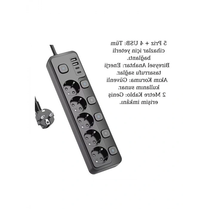 Anahtarlı Uzatma Kablosu, 5 Priz + 4 USB ile Enerji Tasarruflu